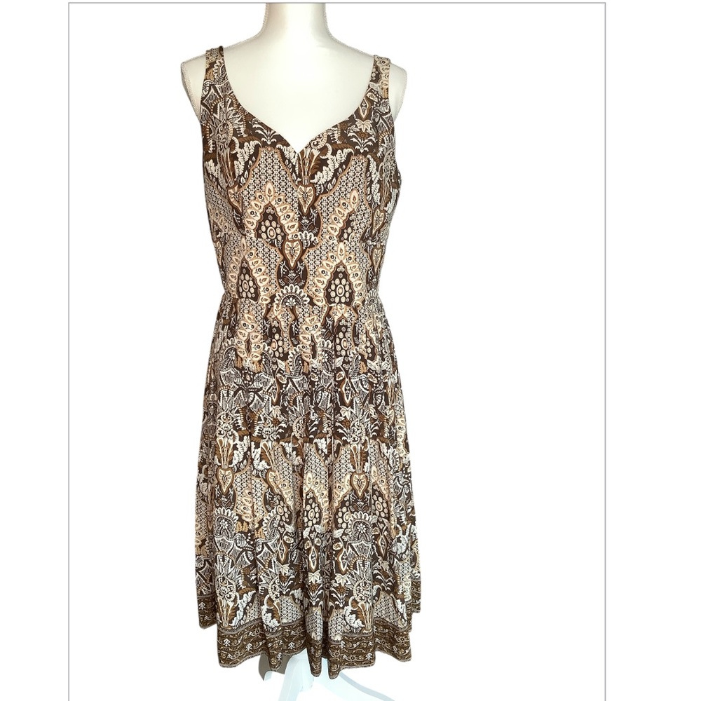 Talbots Silk Floral Brown Tan Pleated Dress Size 8 Wedding Guest Neutral
